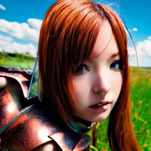 Prompt: anime girl with copper wings and armor, selfie, extremely detailed, beautiful, grass, sky, clouds, sunny, reflective, sharp focus, cinematic lighting, intense, cheerful,