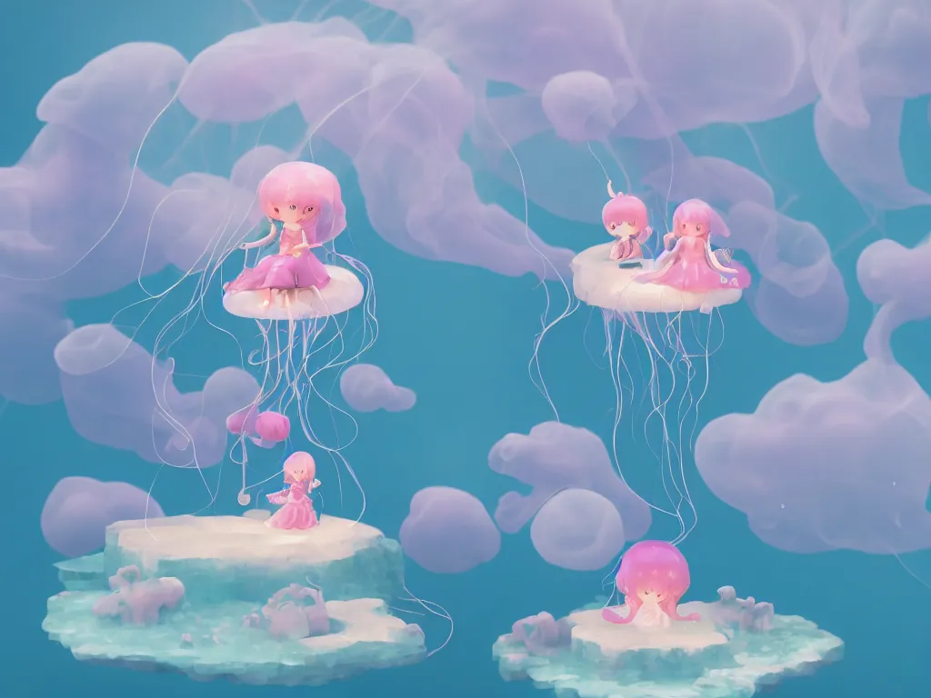 Prompt: cute fumo plush jellyfish girl sitting on a floating island, isometric projection, wisps of smoke and volumetric fog, vignette, vray