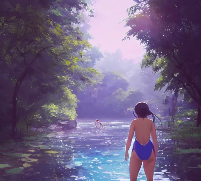 Image similar to one single girl wearing a blue bathing suit wading, standing in a narrow river, trees bent over the river, shady, ripples, facing, looking at the camera, inviting look, atmospheric lighting. By Makoto Shinkai, Stanley Artgerm Lau, WLOP, Rossdraws, James Jean, Andrei Riabovitchev, Marc Simonetti, krenz cushart, Sakimichan, trending on ArtStation, digital art.