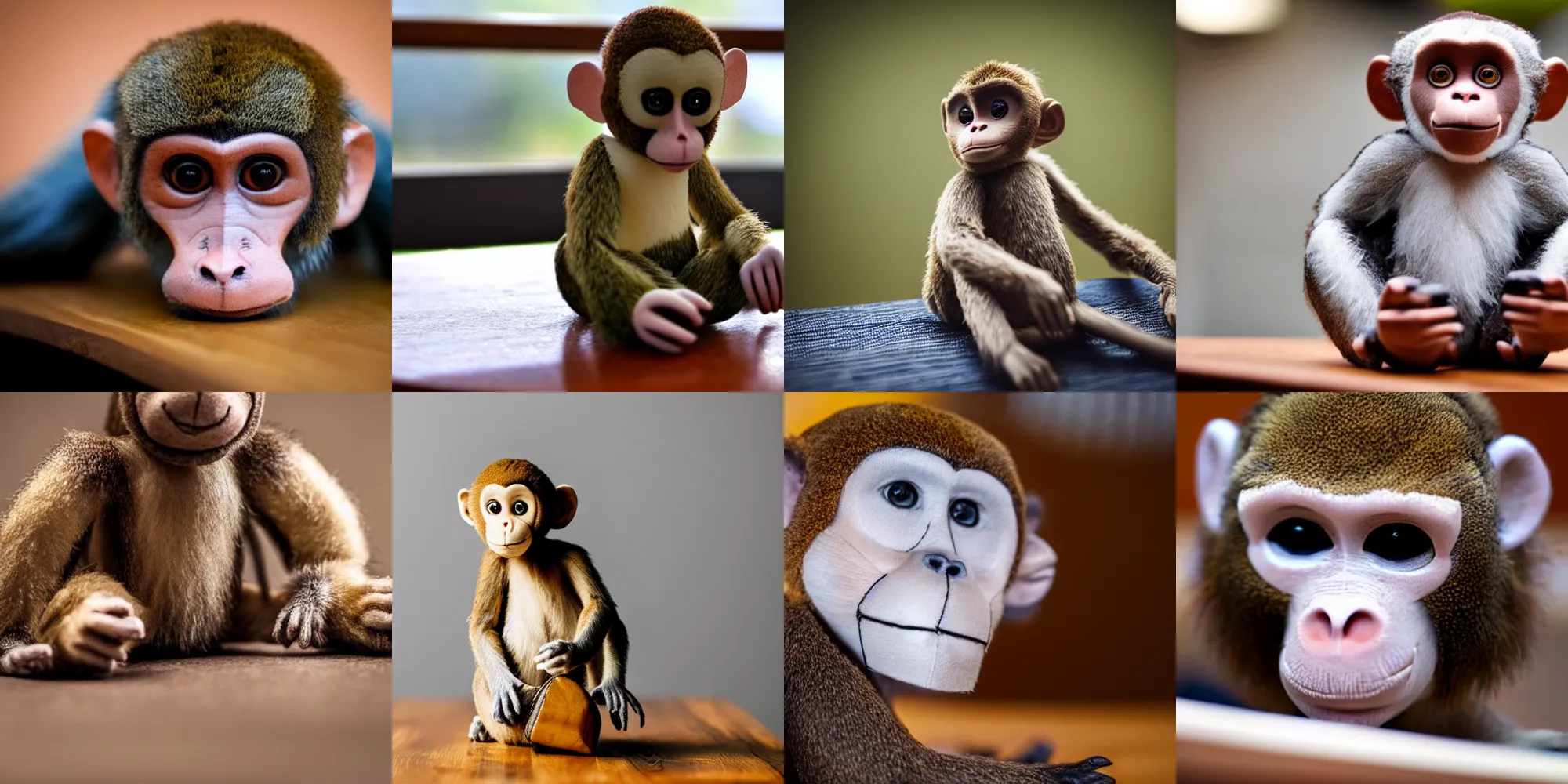 Prompt: photo of a stuffed monkey on a table. shallow depth of field!!!.