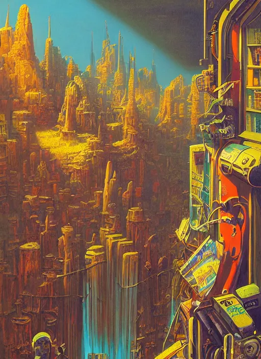 Prompt: happiest 5 0 s independent bookstore. vintage shapes, retro technology, happy colors dariusz zawadzki, tim hildebrandt, wayne barlow, bruce pennington, larry elmore, oil on canvas, deep depth field, masterpiece, cinematic composition, hyperdetailed