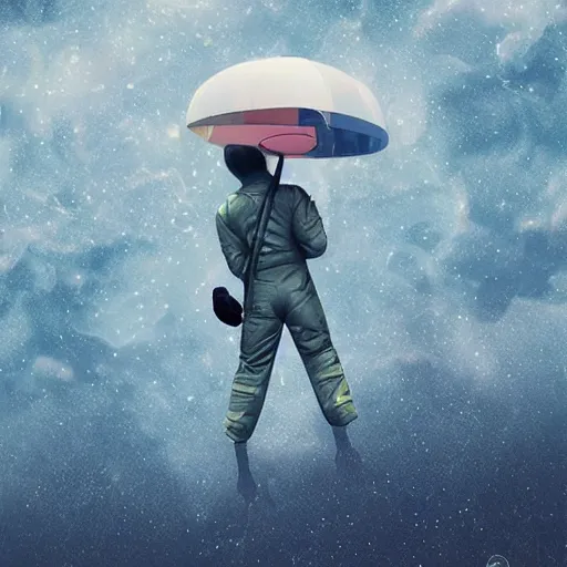 Image similar to astronaut gliding through space with an umbrella, long shot from the back, digital art, trending on artstation