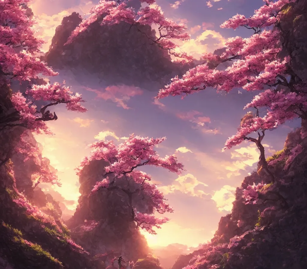 Image similar to sakura blossom in the mountains, stunning, extraordinary, made in abyss style, epic sunset, detailed, dynamic scene