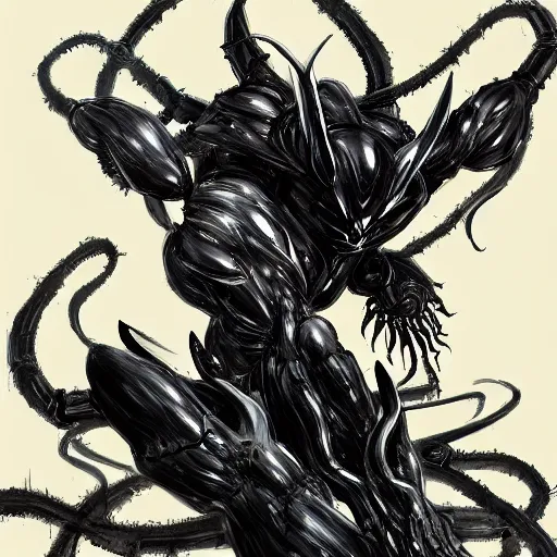 Image similar to Gundam exposed to the symbiote and became Venom.forest,horror, concept art,high detailed,fine art,trending on Artstation, smooth draw,Sharp focus.