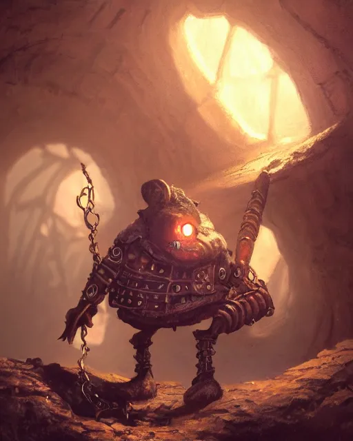 Image similar to oil painting of poor anthropomorphized mole mining gold, close shot, full body, dark steampunk mine shaft background, sharp focus, fantasy style, octane render, volumetric lighting, 8k high definition, by greg rutkowski, highly detailed, trending on art Station, dungeons and dragons artwork, centered