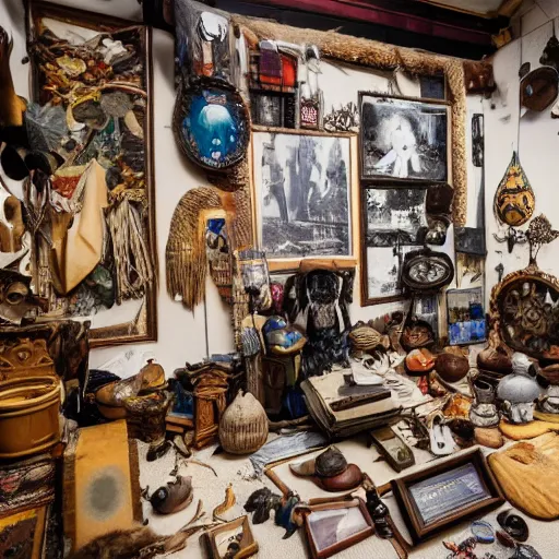 Image similar to a wide angle view of an ethnographic collection of objects on display, poetical, dream, unconscious, alternative world, fujifilm x - h 2 s, photography