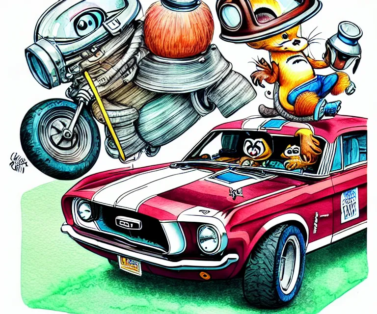 Image similar to cute and funny, racoon wearing a helmet riding in a tiny 1 9 6 7 ford mustang shelby, ratfink style by ed roth, centered award winning watercolor pen illustration, isometric illustration by chihiro iwasaki, edited by range murata