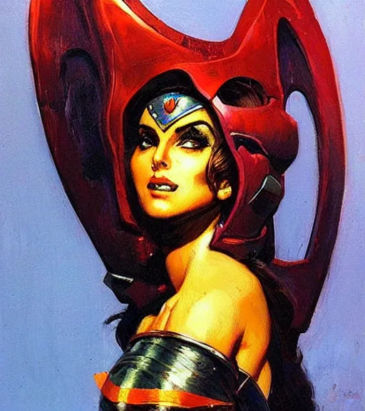 Image similar to portrait of strong iranian female chaos angel, beautiful! coherent! by frank frazetta, by brom, strong line, vivid neon color, shining metal power armor, iron helm, high contrast, maximalist