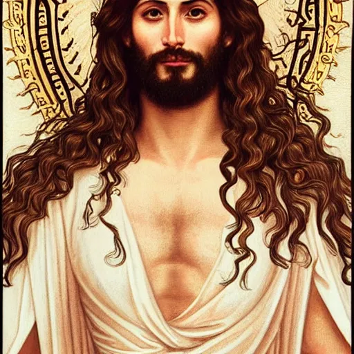 Image similar to an extremely detailed illuminated manuscript of a ridiculously good looking jesus that looks like a jewish gigachad with his 1 2 apostle entourage, long curly hair, elegant ancient greek dress, very detailed, windy beach, beautiful, intricate, cinematic, artstation, william bouguereau, alphonse mucha, greg rutkowski, rossdraws, octane render