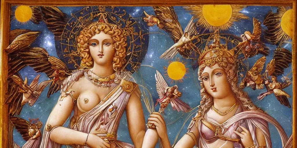 Prompt: majestic neorococo sistina saint Woman Venus godness Athena beautiful gracious pagans marble and gold in space stars clouds doves suns butterflies greeks