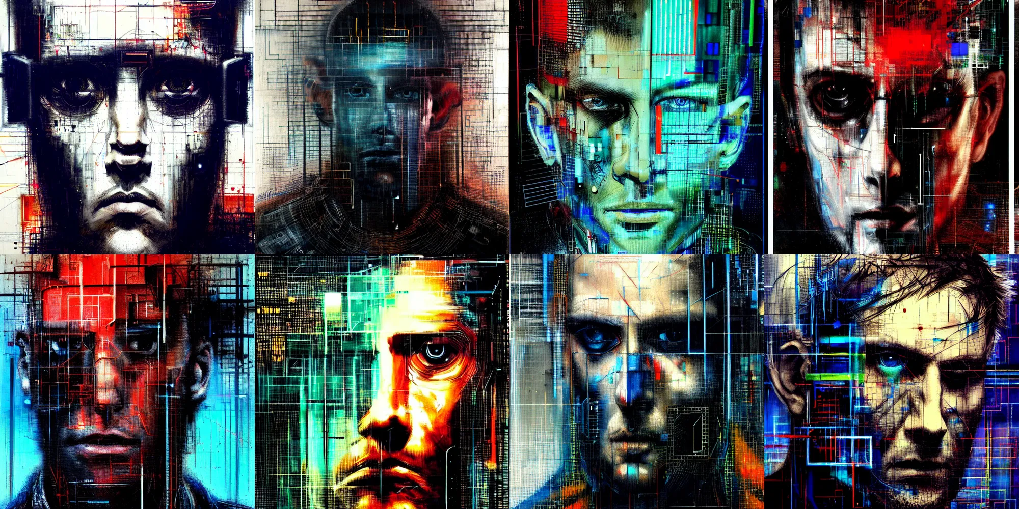 Prompt: hyperrealistic portrait of a cyberpunk man in cyberspace, by Guy Denning, Johannes Itten, Russ Mills, hacking effects, detailed lines, color blocking!, acrylic on canvas, insane detail, intricate, front view, symmetrical, octane, concept art, abstract, artistic, 8k, cinematic, trending on artstation