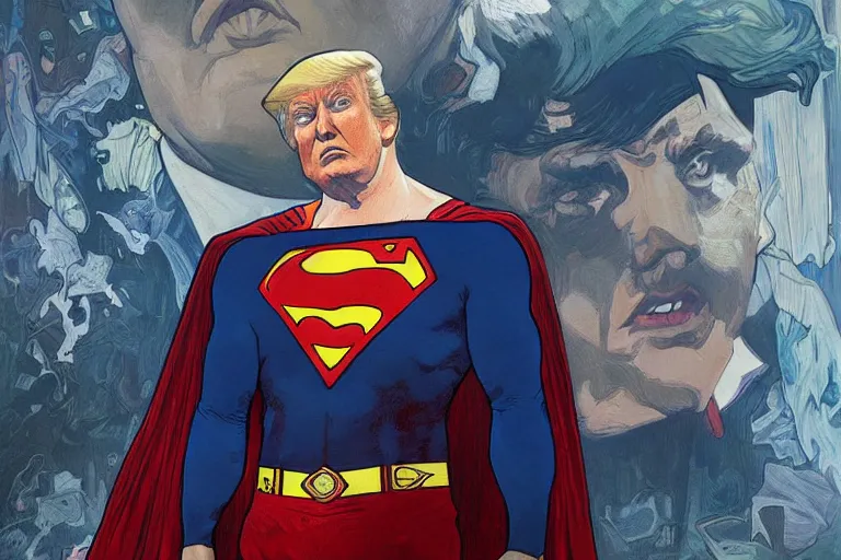 Image similar to donald trump as superman, detailed portrait, realism, 4 k, art by greg rutkowski, alphonse mucha, artistic, trending on artstation, beautiful mural