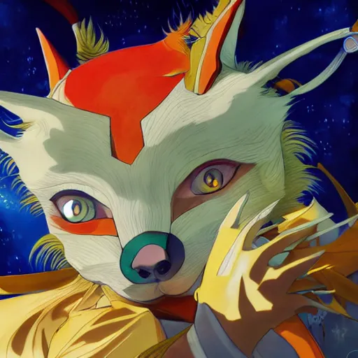 Image similar to portrait of trickster in the fox mask, anime fantasy illustration by tomoyuki yamasaki, kyoto studio, madhouse, ufotable, trending on artstation