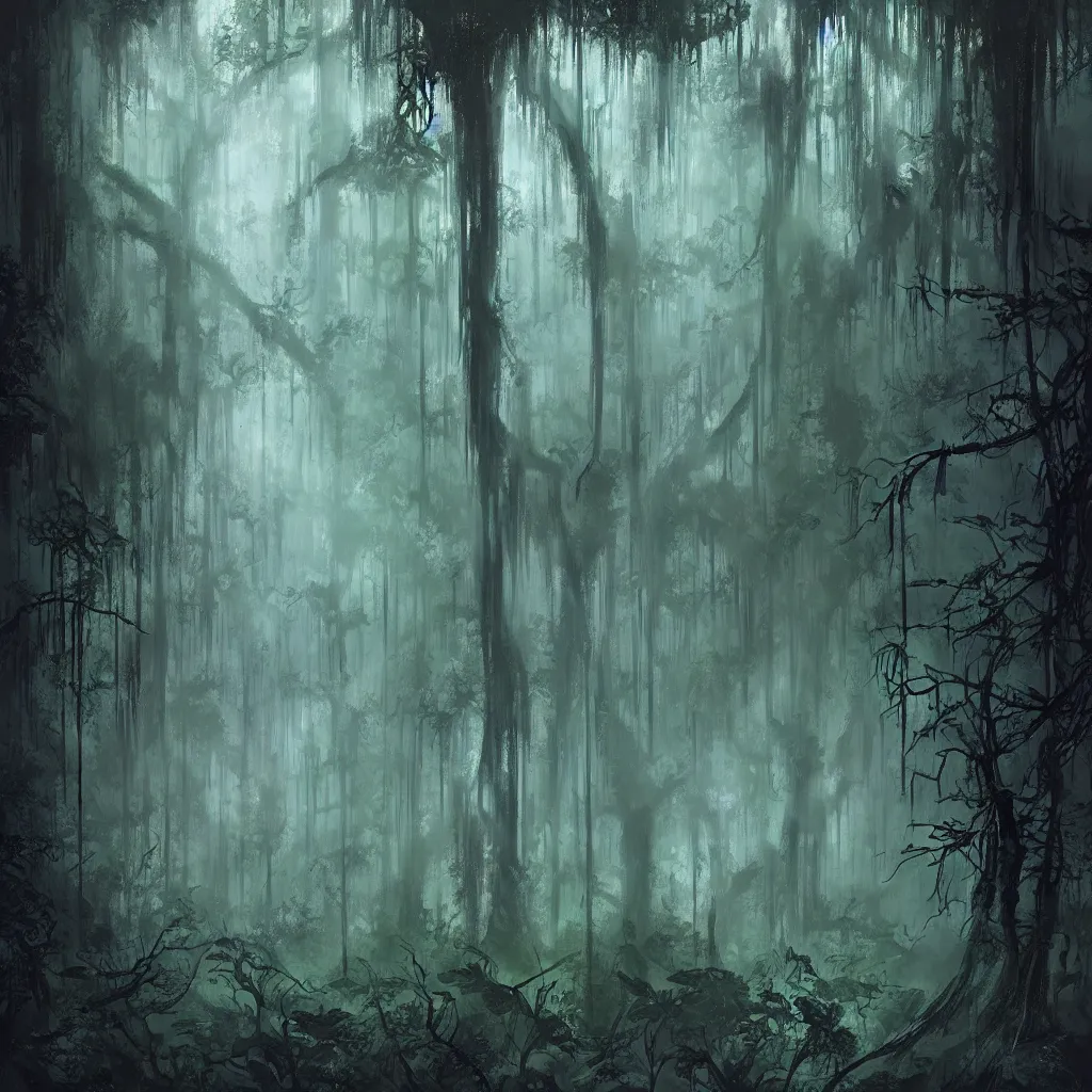 Image similar to a dark haunted swampy jungle forest at midnight, upward cinematic angle, thick mist, by Bernie Wrightston, Bill Sienkiewicz and Rodney Matthews, ghostly low light, stunning composition, intricate, elegant, digital art, hyperdetailed, full color mixed media painting, hyperrealistic, sharp focus, 8k