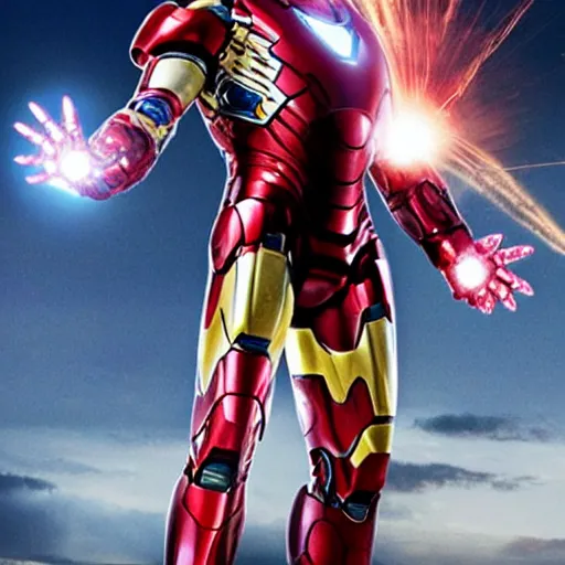 Image similar to promotional image of Chris Evans as Iron Man in Iron Man（2008）, he wears Iron Man armor without his face, movie still frame, promotional image, imax 70 mm footage