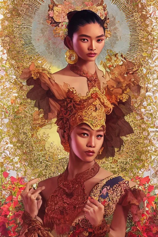 Prompt: portrait of a beautiful indonesian supermodels wearing traditional costume, highly detailed,!!! coherent hands!!!, digital painting, artstation, concept art, sharp focus, illustration, art by kittichai rueangchaichan and james gurney and alphonse mucha