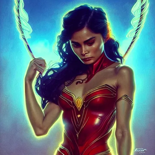 Image similar to lovi poe as darna, volumetric lights, red and cyan theme, art nouveau botanicals, intricate, highly detailed, digital painting, artstation, concept art, smooth, sharp focus, cinematic, illustration, beautiful face, art by artgerm and greg rutkowski and alphonse mucha