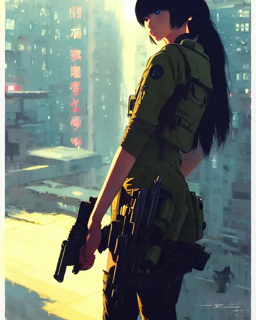 Image similar to girl wearing in tactical gear | | audrey plaza, fine detail!! anime!! realistic shaded lighting!! dramatic!! poster by ilya kuvshinov katsuhiro otomo ghost - in - the - shell, magali villeneuve, artgerm, jeremy lipkin and michael garmash and rob rey