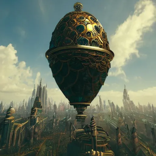 Image similar to enormous flying city in a faberge egg, cloudy sky background, steampunk, fantasy art, masterpiece, unreal engine