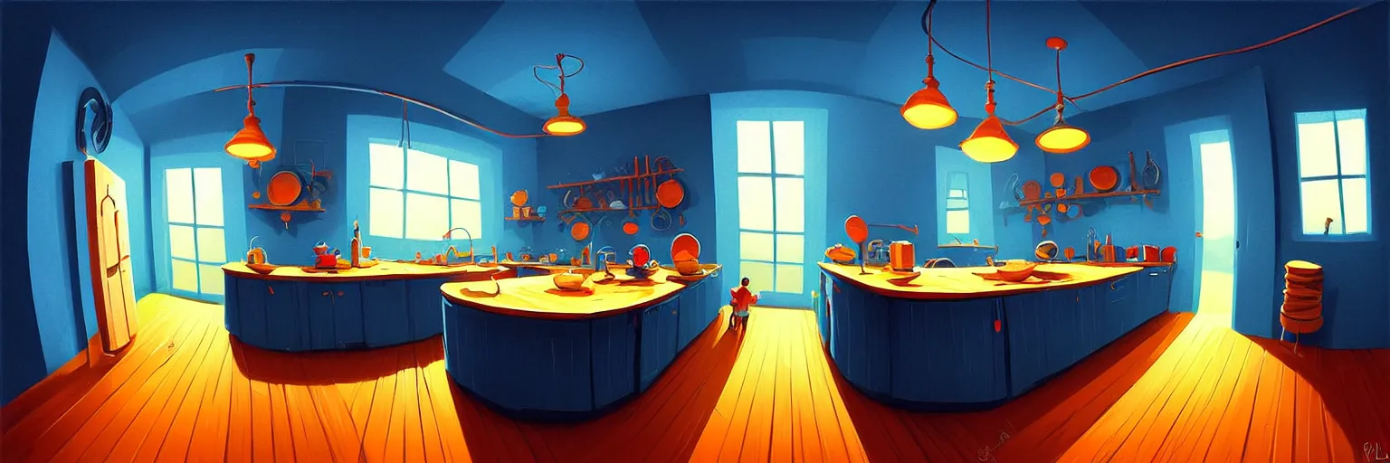 Prompt: fisheye spiral lines, naive, extra narrow, detailed illustration of a kitchen, large floor, dimly lit by rhads from lorax movie, trending artstation, dark blue tones