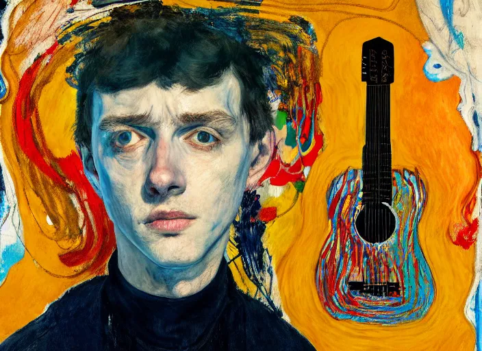 Prompt: portrait of nervous boy with acoustic guitar standing next, vincent lefevre and hernan bas and pat steir and hilma af klint, psychological, photorealistic, dripping paint, washy brush, rendered in octane, altermodern, masterpiece