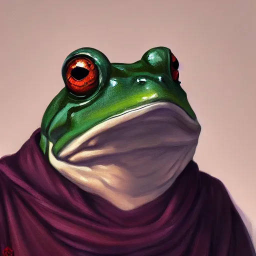 Image similar to A professional portrait of a frog wizard, painted in the style Arcane, 4k, traditional art, trending on artstation, highly detailed, full body shot, wide depth of field, professional lighting, airbrush