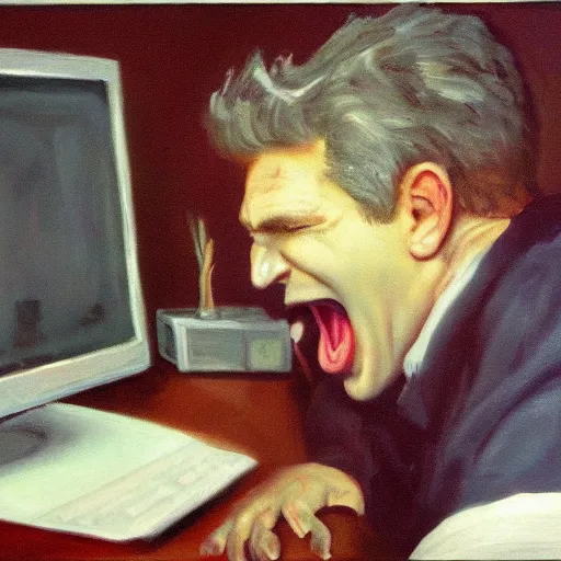 Image similar to an angry man yells at his computer monitor, oil on canvas, highly detailed, high resolution