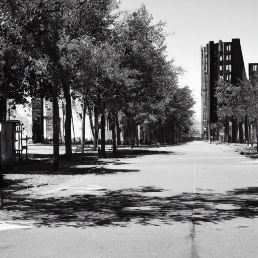 Prompt: a run down ghost town modern city with hundreds of highrise buildings with trees growing on their roof and the hot sun in the distance clear white skies no clouds