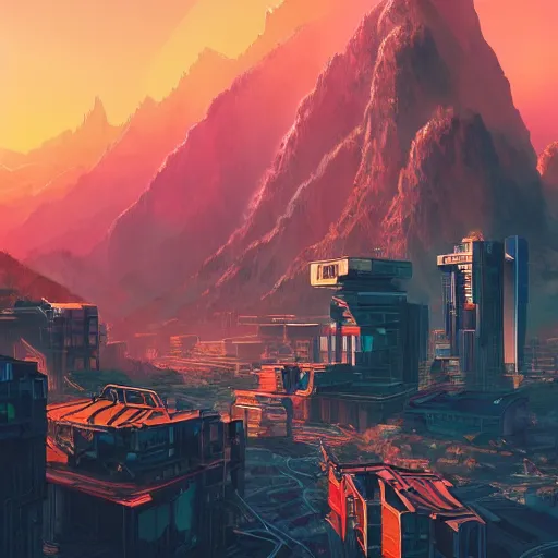 Prompt: beautiful sunset over detailed cyberpunk suburb in a valley surrounded by epic mountains with snowtops, sharp, highly detailed, hyperrealistic, kacper niepokolczycki, artgerm, syd mead, 4 k, perfect geometry