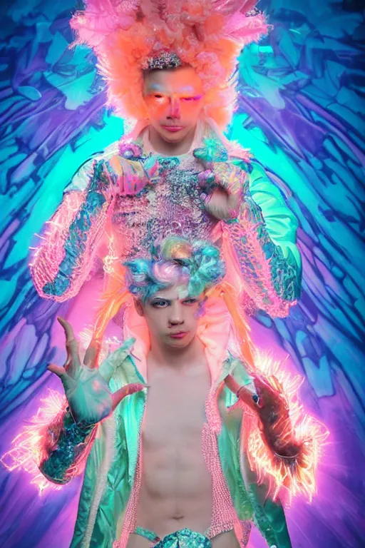 Image similar to full-body rococo and cyberpunk delicate neon crystalline sculpture of ((young muscular albino prince Joe Jonas)) as an iridescent humanoid deity wearing ((peach plastic hooded cloak)) (holding a human skull) in a white castle dungeon, reclining, glowing pink face, crown of (pink lasers), large blue diamonds, swirling black silk fabric. futuristic elements. oozing glowing liquid, full-length view. space robots. intricate artwork by caravaggio. Trending on artstation, octane render, cinematic lighting from the right, hyper realism, octane render, 8k, depth of field, 3D