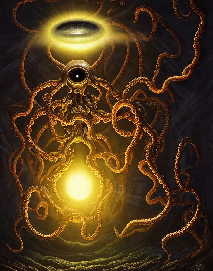 Prompt: a detailed digital art of an alien creature with multiple eyes and tentacles emerges from a glowing orb in the center of a dark, foreign landscape,by Albert Bierstadt, Yohann Schepacz and Laurel Burch,style of grim dark, Kai Fine Art, chiaroscuro, dark academia, copper patina,detailed, ornate, maximalist, 8k, cinematic, compositing, post processing, award winning art,artstationHQ,artstationHD