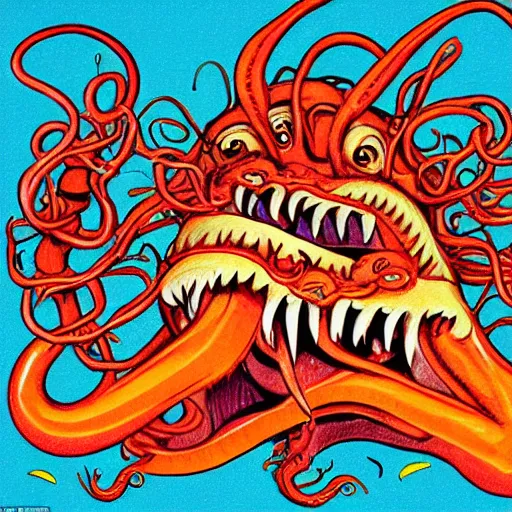 Prompt: a 1982 color anatomy illustration sketch depicting a symmetrical dissection of a dangerous shape shifting alien creaturing spewing long worm-like spiney tendrils out of its snarling mouth, the tendrils in the style of The Thing 1982