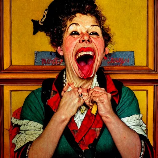 Prompt: Front portrait of a cackling punk woman. A painting by Norman Rockwell.