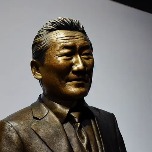 Prompt: close up shot of an old bronze statue of takeshi kitano in a museum
