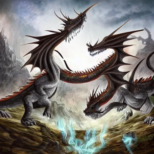 Image similar to dragons fighting over a destroyed village, digital art