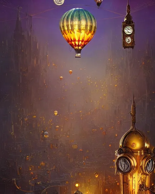 Image similar to a stunning fantasy scene of a steampunk hot - air balloon flying over an art deco city with a clock - tower | highly detailed | very intricate | disney pixar | steampunk | dramatic romantic epic breathtaking whimsical magical | bokeh moon stars | professional cinematic lighting | artdeco | painted by beeple and rhads and donato giancola | bold color palette | featured on artstation