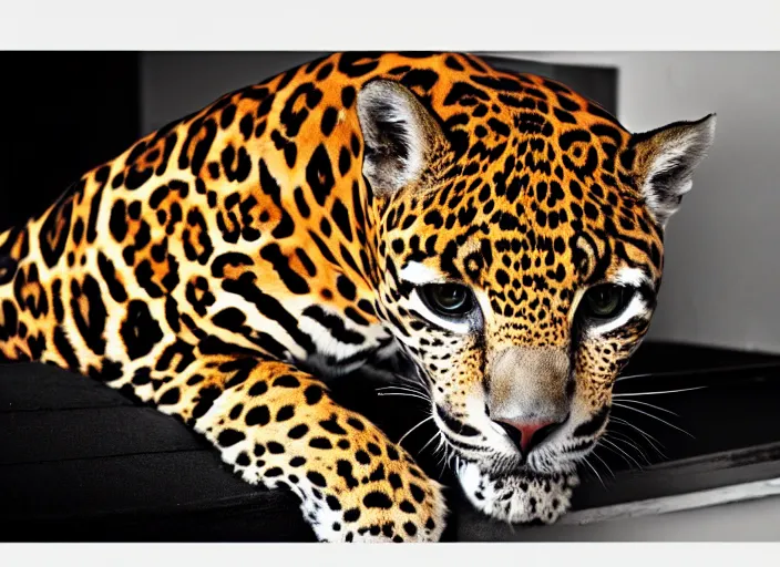 Image similar to photography of a Jaguar Cat . watching outside the window. on a bed. in a 70's room full of vinyls and posters, photorealistic, award winning photo, 100mm, sharp, high res