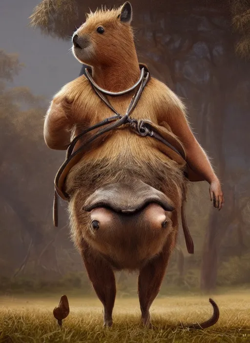 Image similar to detailed full body concept oil painting of a capybara cowboy, elegant pose, fantasy, illustration, insanely detailed and intricate clothing, octane render, 4k