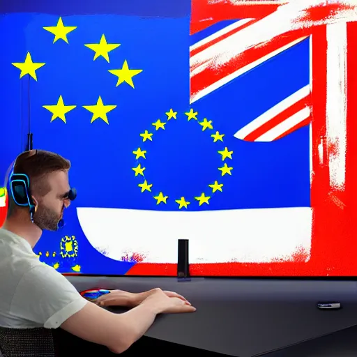 Image similar to european union eu hybrid influencer on blue shirt sitting on chair with eu flag on computer playing games on led keyboard and gaming mouse in style of American propaganda poster, big nosed, eu flag, european union flag, dark and gloom, extremely detailed oil painting, open room, highly detailed, trending on artstation, concept art, sharp focus, illustration, art by artgerm and greg rutkowski and magali villeneuve