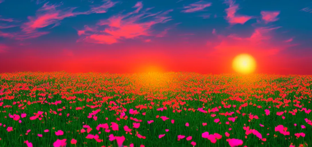 Image similar to an impossible field of beautiful neon colored flowers with a beautiful sunset, vaporwave