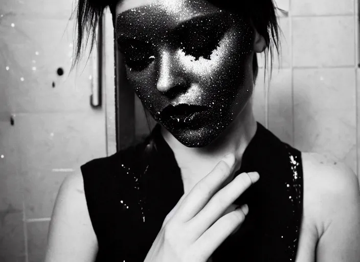 Image similar to cinestill 5 0 d candid photographic portrait by quentin tarantino of a beautiful feminine man wearing black techwear and glitter makeup looking in a broken bathroom mirror, cramped new york apartment, full shot, retrofuturism cyberpunk cinematic, 8 k, hd, high resolution, 3 5 mm, f / 3 2, ultra realistic faces, clockwork orange