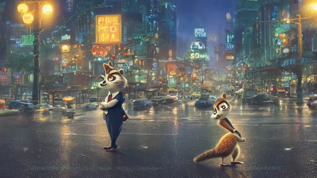 Prompt: An anthropomorphic raccoon businessman is walking down a busy crosswalk at in the rain at night, warm lighting with an orange glow blanketing the cityscape from the city lights, zootopia, other anthropomorphic characters are walking by him, extremely detailed, HDR, sideview, solemn and moody, many cars and animal people in the background, detailed face and eyes, large and detailed eyes with visible pupils, the road is wet with many rain puddles, reflections from the water on the ground