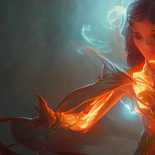 Image similar to a fantastical glowing elf made of fire illustrated by artgerm and greg rutkowski