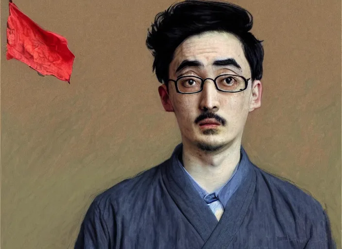 Image similar to Filthy Frank wearing blue dirty spaghetti stained dress shirt, rule of thirds, accurately portrayed, portrait art by Claude Monet, highly detailed, digital painting, concept art, illustration, imperial Japanese flag background, trending on artstation, very detailed, smooth, sharp focus, octane render, close up