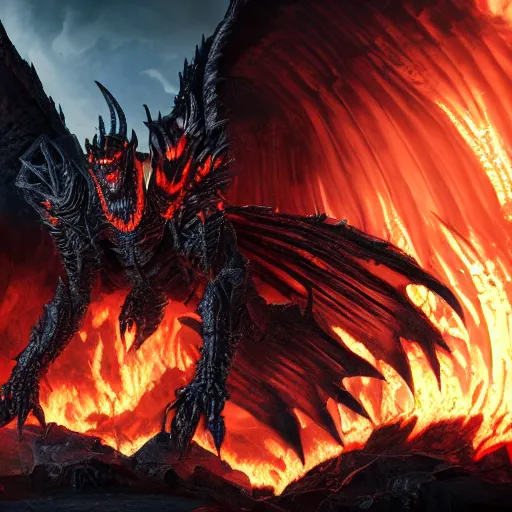 Prompt: 4k unreal engine render of Deathwing spreading his fire in a epic way, dynamic lighting, stunning visuals, cinematic, ultra detailed, trending on art station, fantasy concept art