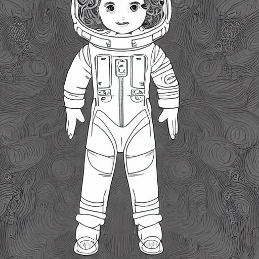 Image similar to clean simple line art of a cute little girl with short wavy curly hair. she is dressed as an astronaut. no background. well composed, clean coloring book page, beautiful detailed face. coloring book line art by artgerm and greg rutkowski and johanna basford and alphonse mucha