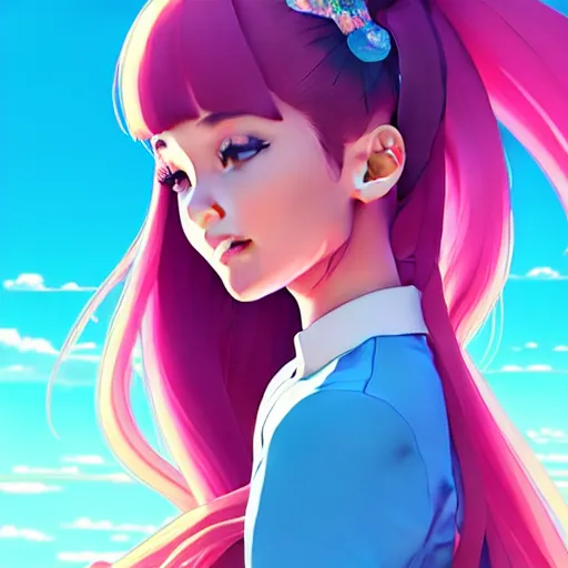 Image similar to ariana grande, sunny day background, intricate, highly detailed, digital painting, artstation, official media, anime key visual, concept art, rich vivid colors, ambient lighting, sharp focus, illustration, art by Artgerm, Makoto Shinkai, Ilya Kuvshinov, Lois Van Baarle, and Rossdraws