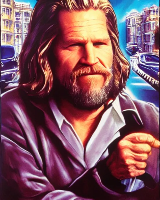 Image similar to jeff bridges in the big lebowski, airbrush, drew struzan illustration art, key art, movie poster