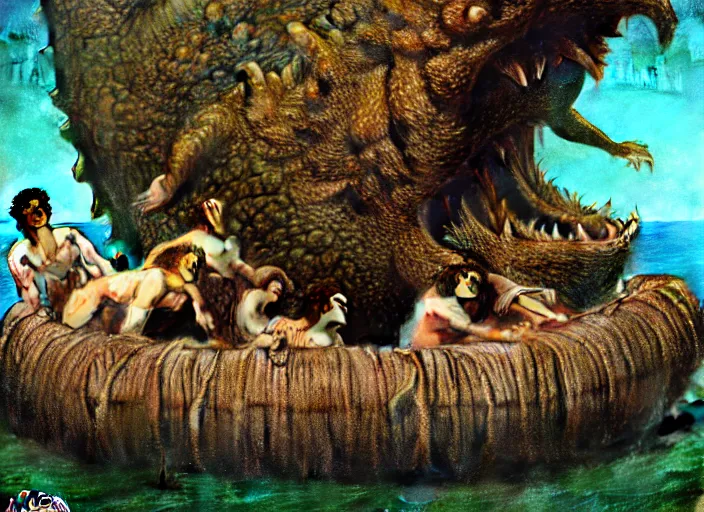 Prompt: photo of wet slimy godzilla attacking the raft of the medusa, by lawrance alma - tadema by roger corman by richard corben by rick baker, fujifilm velvia 5 0. masterpiece. intricate, hyper realism, high detail, octane render, unreal engine, 8 k, by katsuhiro otomo