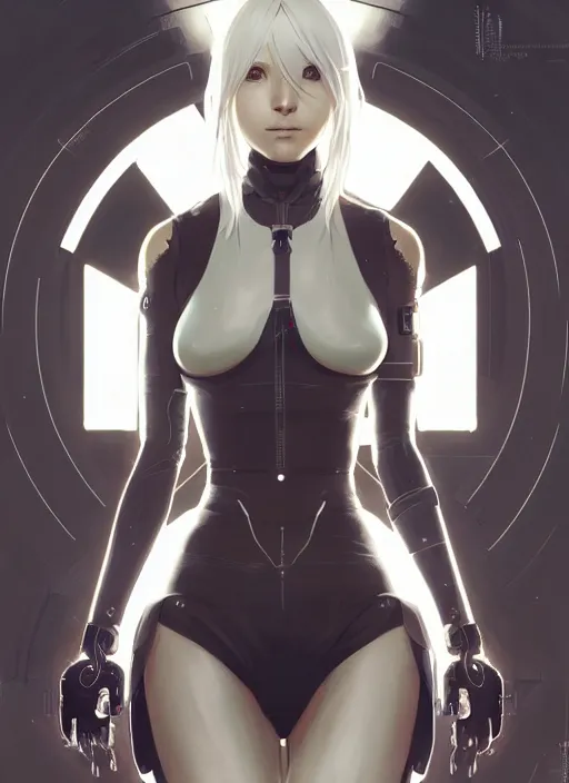 Prompt: symmetry portrait of a 2 from nier automata, sci - fi, tech wear, glowing lights intricate, elegant, highly detailed, digital painting, artstation, concept art, smooth, sharp focus, illustration, art by artgerm and greg rutkowski and alphonse mucha